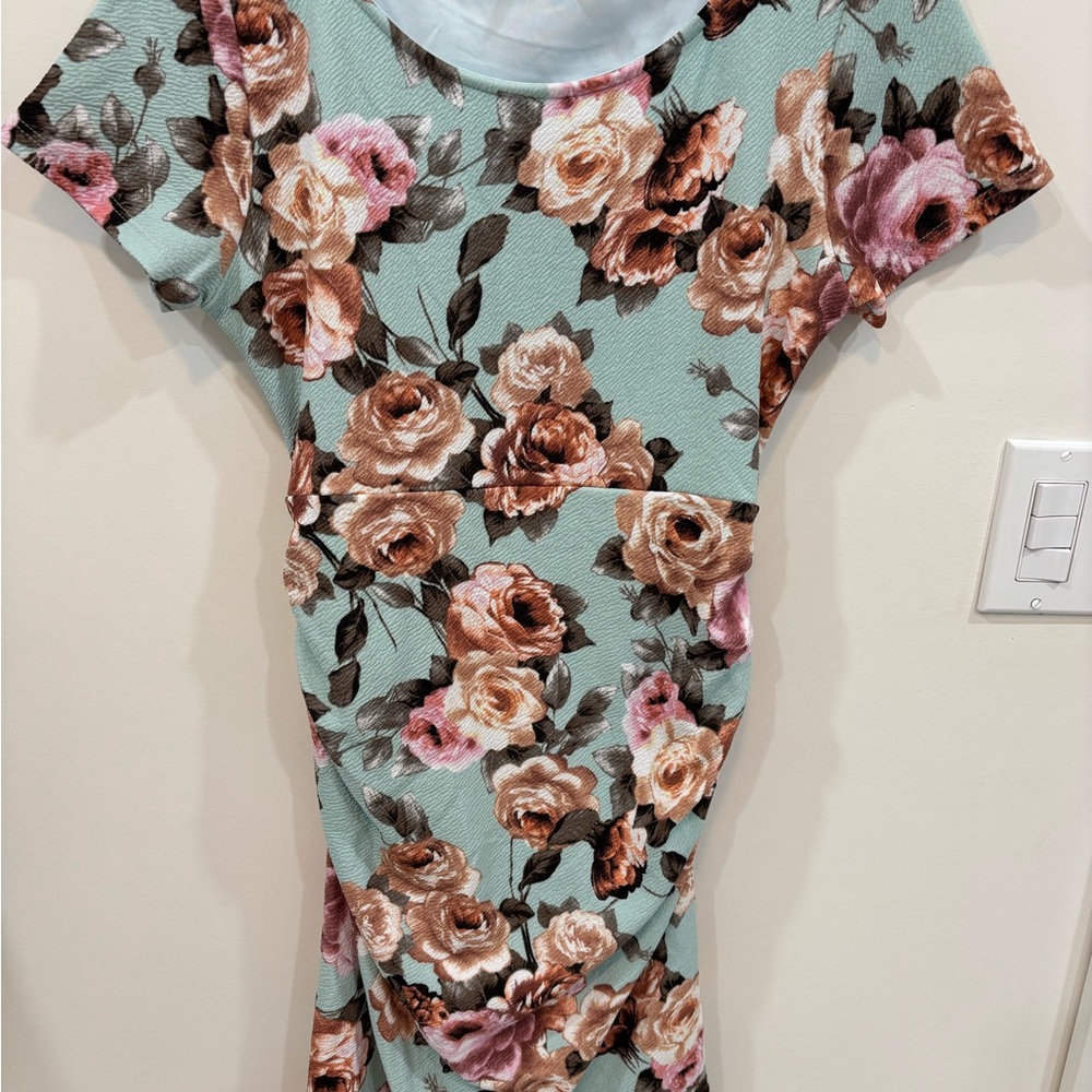 PinkBlush Light Blue Rose Floral Fitted Maternity Dress